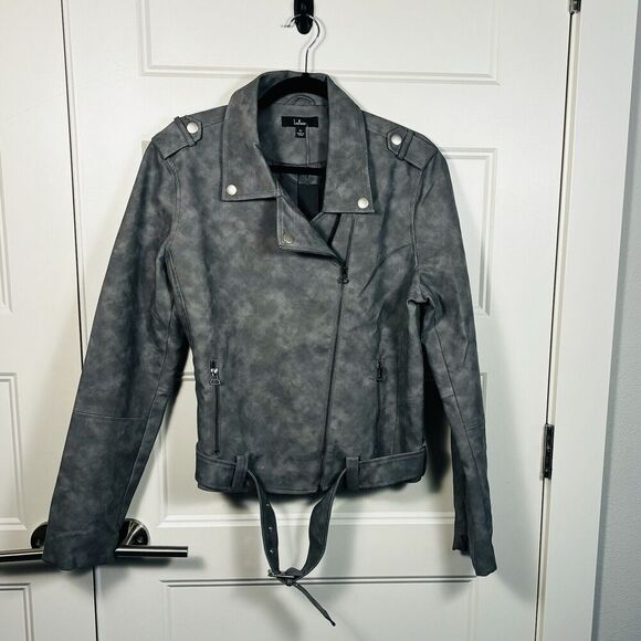 NWT Charcoal Grey Vegan‎ Leather Size XL Gray Zip Pockets Asymmetrical Belted - Picture 3 of 9